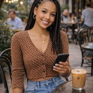 Elodie Brown Patterned Women's Scalloped Hem Crop Cardigan Top Size M